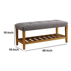 Banc rembourré en tissu gris et chêne avec étagère inférieure