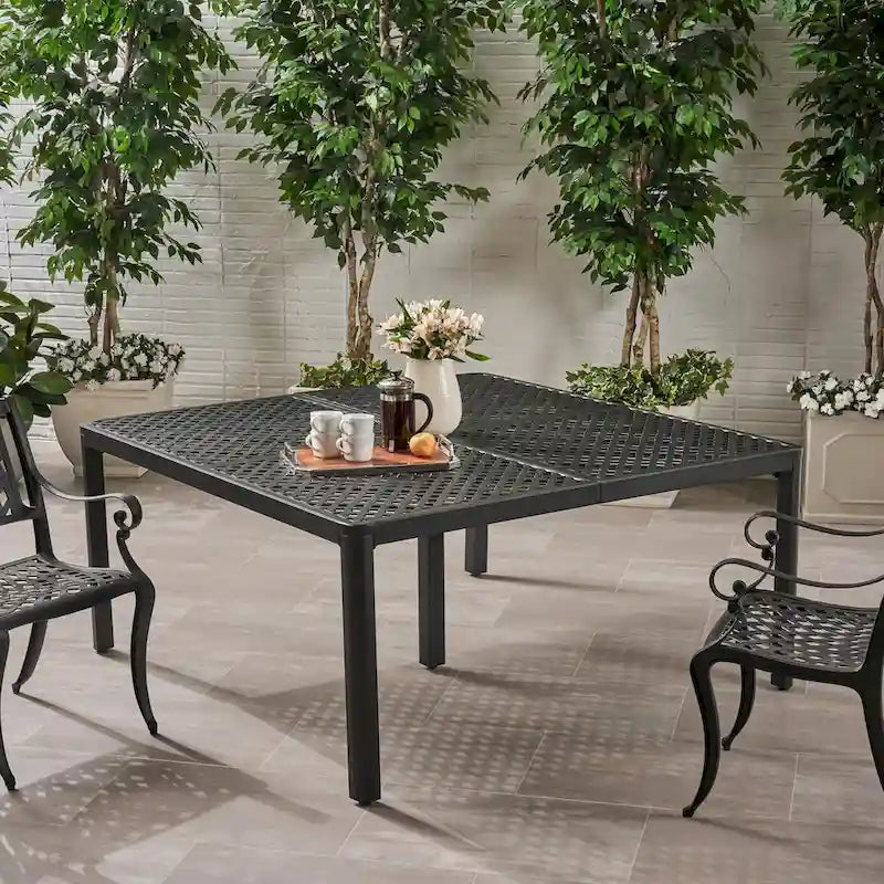 Outdoor Modern Aluminum Dining Table with Woven Accents,Antique Matte Black,for Dining Room, Home Office