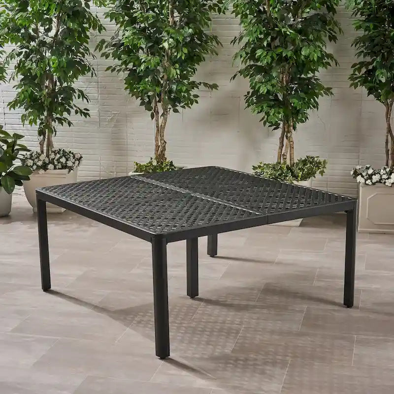 Table à manger moderne en aluminium avec accents tressés, noir mat antique, pour salle à manger, bureau à domicile
