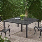 Table à manger moderne en aluminium avec accents tressés, noir mat antique, pour salle à manger, bureau à domicile