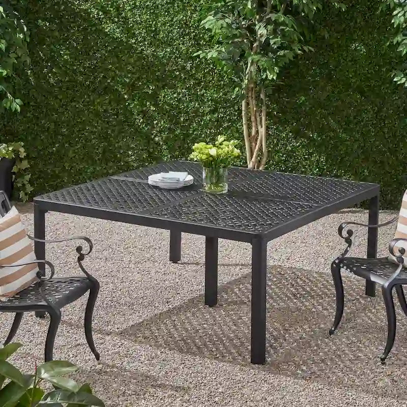 Table à manger moderne en aluminium avec accents tressés, noir mat antique, pour salle à manger, bureau à domicile