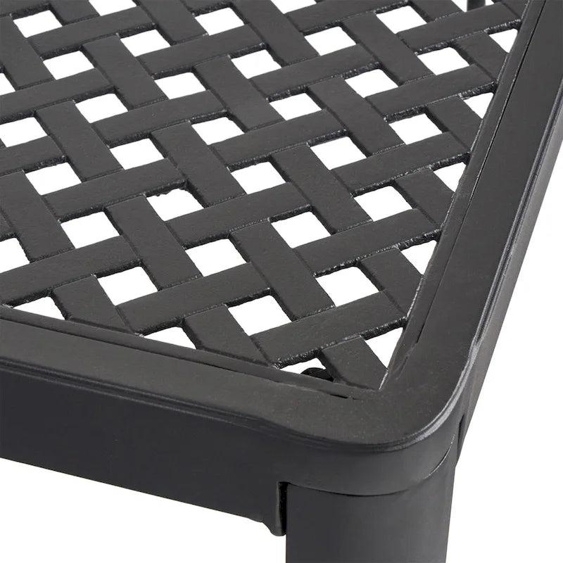 Table à manger moderne en aluminium avec accents tressés, noir mat antique, pour salle à manger, bureau à domicile