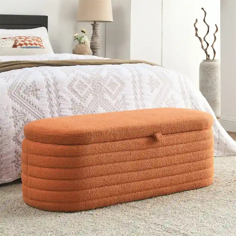 Banc de rangement en velours capitonné bleu marine avec couvercle à charnière amortie