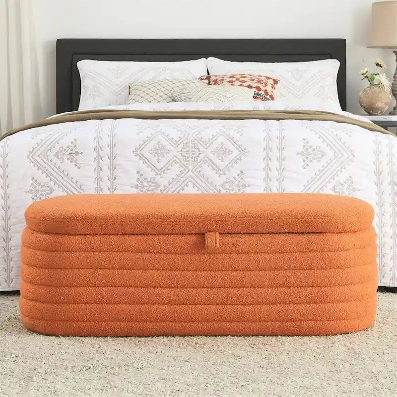 Banc de rangement en velours capitonné bleu marine avec couvercle à charnière amortie