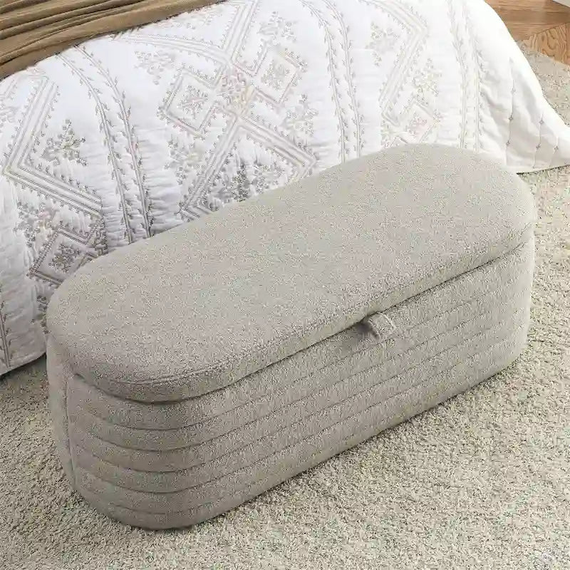 Banc de rangement en velours capitonné bleu marine avec couvercle à charnière amortie