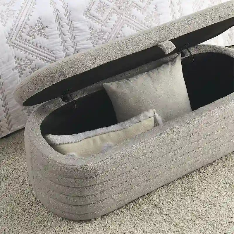 Banc de rangement en velours capitonné bleu marine avec couvercle à charnière amortie