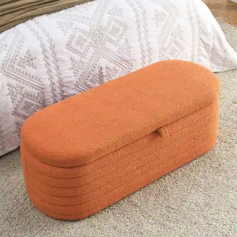 Banc de rangement en velours capitonné bleu marine avec couvercle à charnière amortie