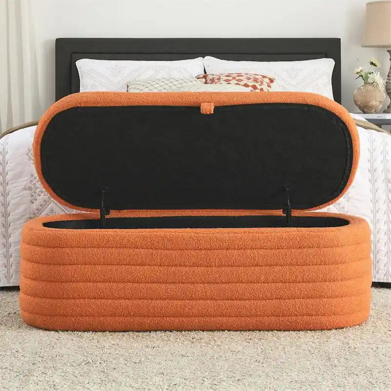 Banc de rangement en velours capitonné bleu marine avec couvercle à charnière amortie