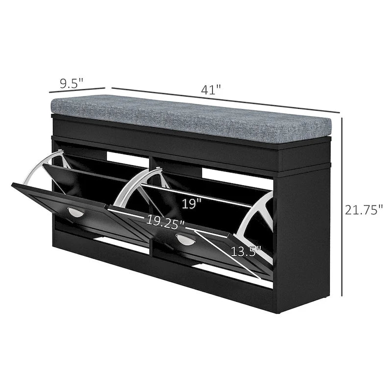 Banc à chaussures noir avec 2 tiroirs à abattant et coussin d'assise
