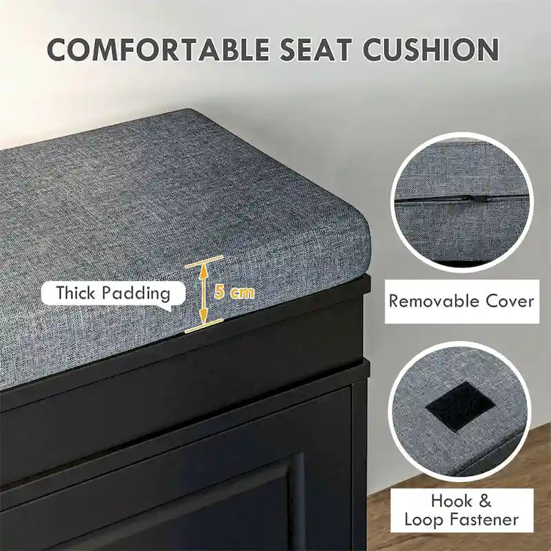Banc à chaussures noir avec 2 tiroirs à abattant et coussin d'assise