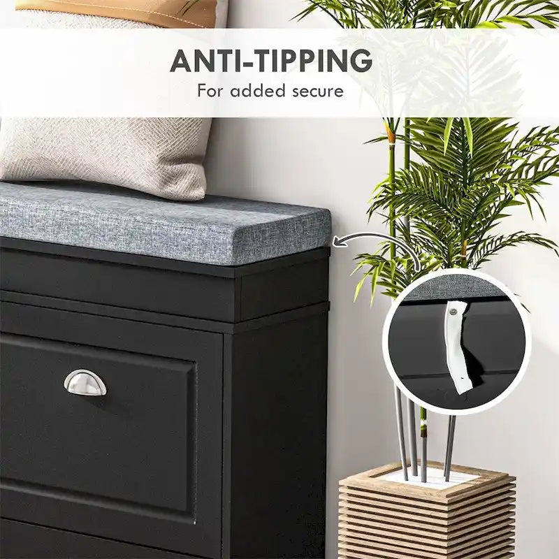 Banc à chaussures noir avec 2 tiroirs à abattant et coussin d'assise
