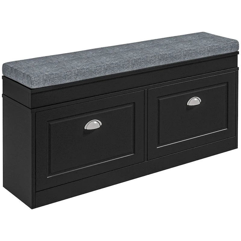 Banc à chaussures noir avec 2 tiroirs à abattant et coussin d'assise