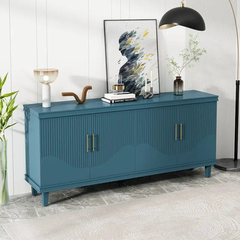Meuble de rangement 4 portes en MDF champagne/vert olive avec étagères réglables et pieds en bois