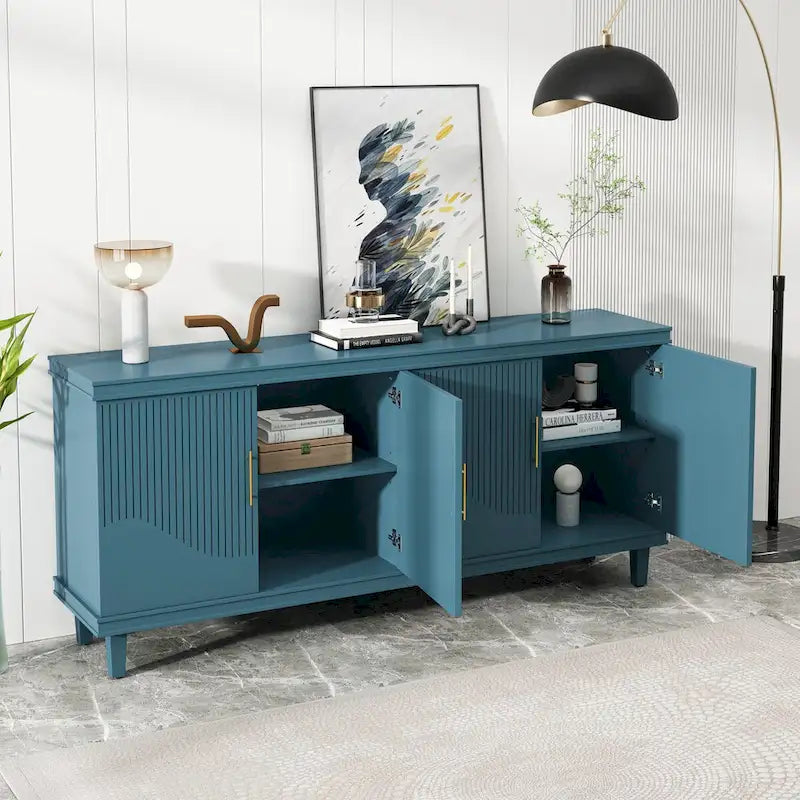 Meuble de rangement 4 portes en MDF champagne/vert olive avec étagères réglables et pieds en bois
