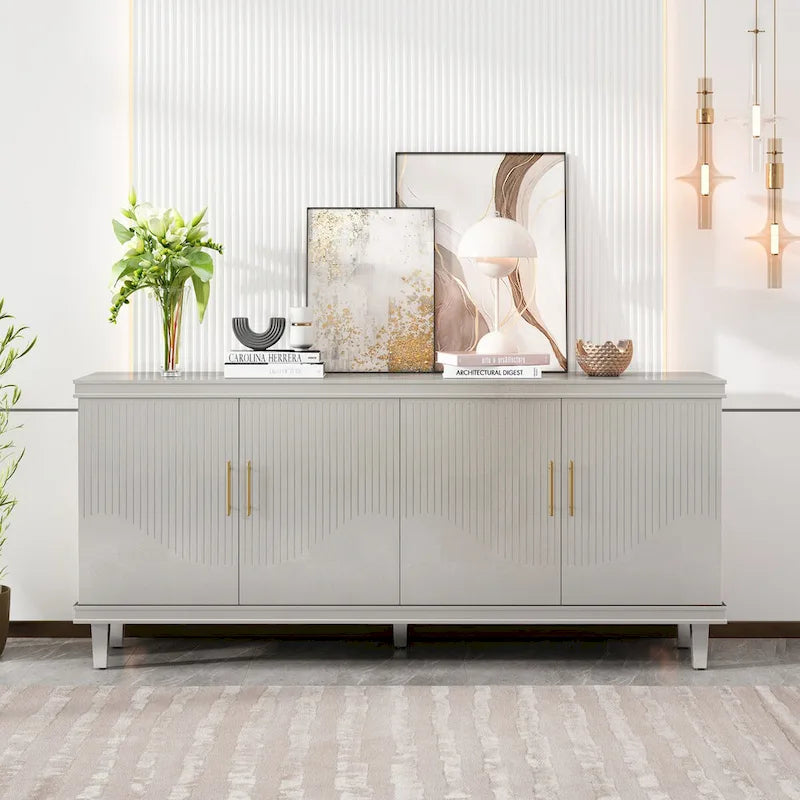 Meuble de rangement 4 portes en MDF champagne/vert olive avec étagères réglables et pieds en bois