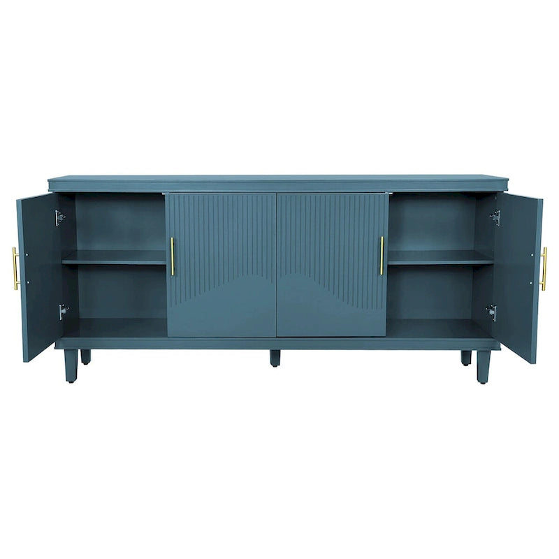 Meuble de rangement 4 portes en MDF champagne/vert olive avec étagères réglables et pieds en bois