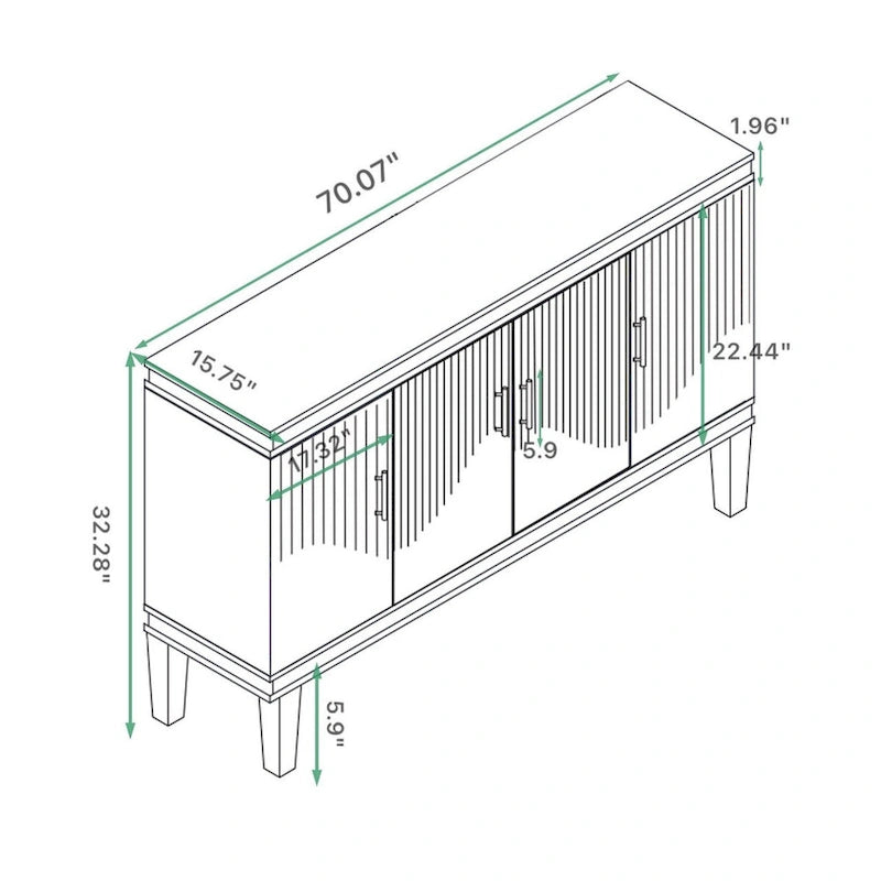 Meuble de rangement 4 portes en MDF champagne/vert olive avec étagères réglables et pieds en bois