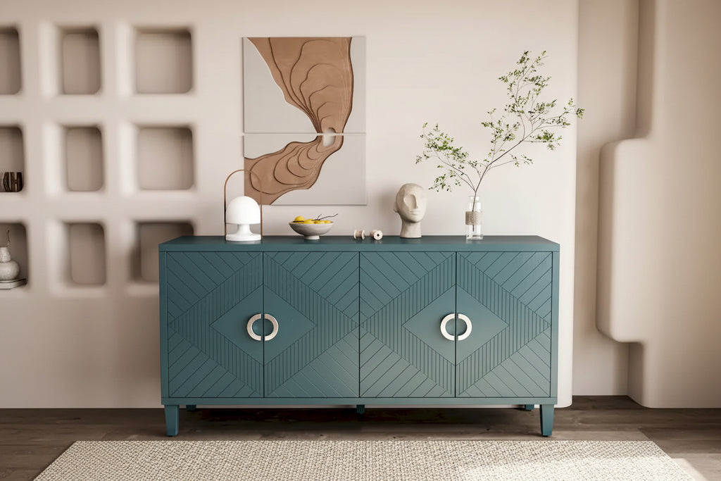Bahut 4 portes en MDF vert olive avec étagère réglable et pieds en pin