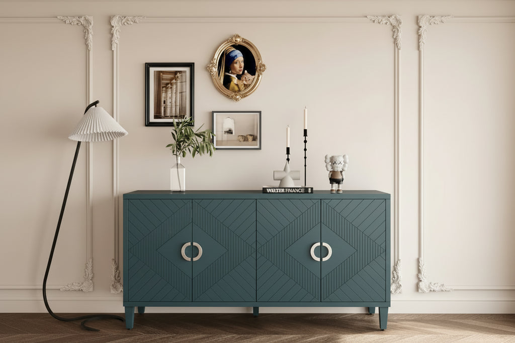Bahut 4 portes en MDF vert olive avec étagère réglable et pieds en pin