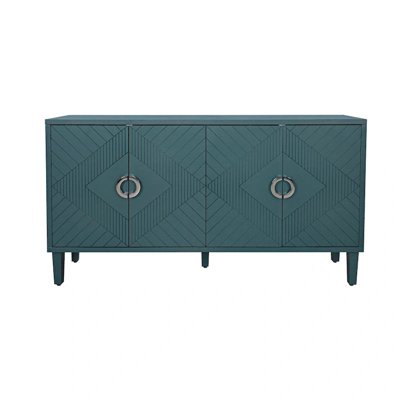 Bahut 4 portes en MDF vert olive avec étagère réglable et pieds en pin