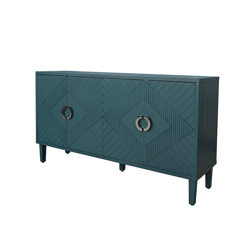Bahut 4 portes en MDF vert olive avec étagère réglable et pieds en pin