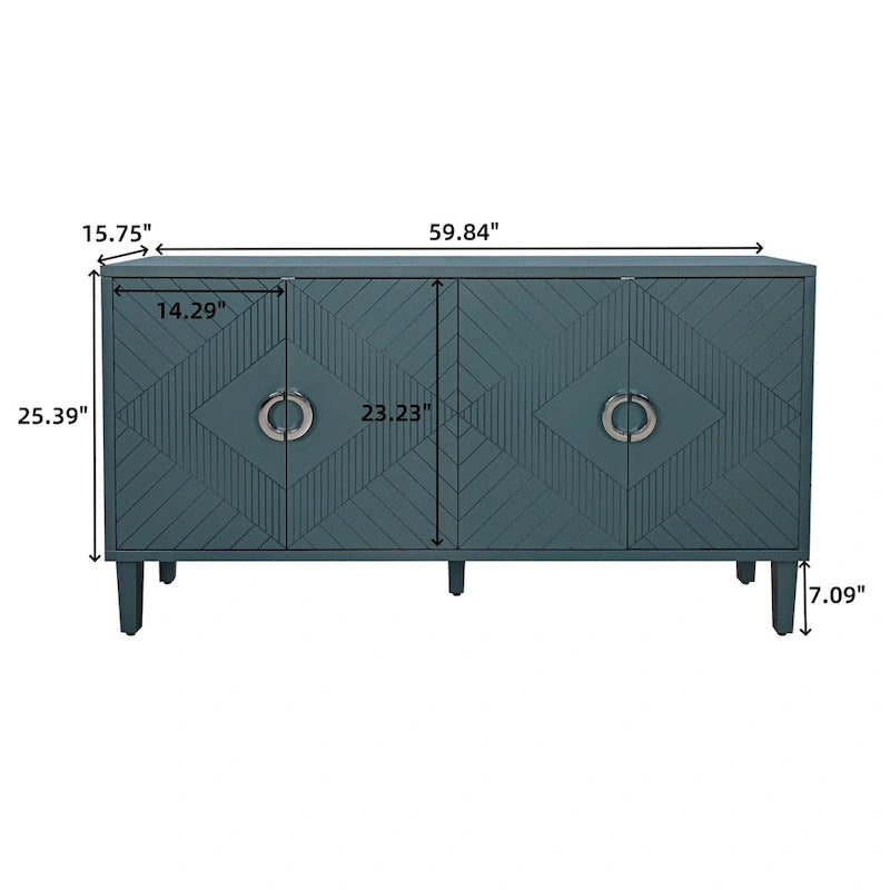 Bahut 4 portes en MDF vert olive avec étagère réglable et pieds en pin