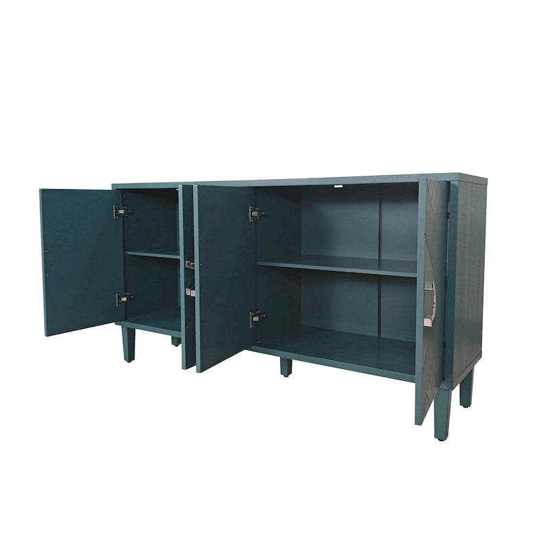 Bahut 4 portes en MDF vert olive avec étagère réglable et pieds en pin