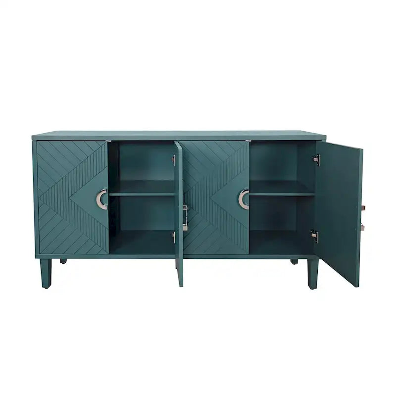 Bahut 4 portes en MDF vert olive avec étagère réglable et pieds en pin