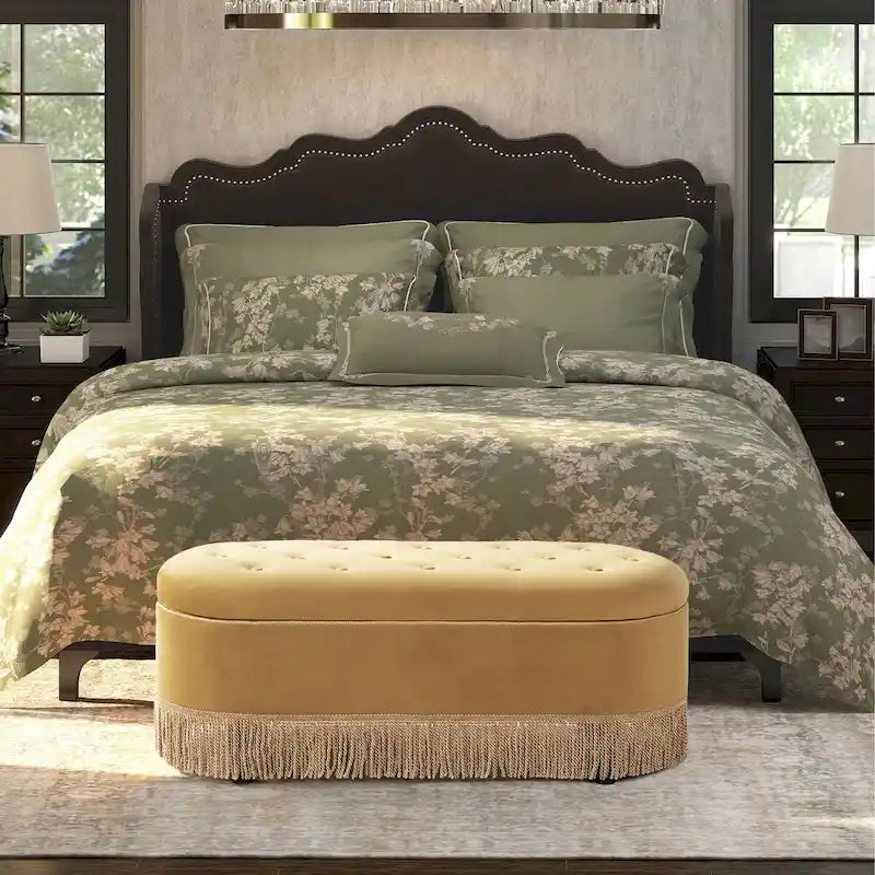Banc de rangement ovale matelassé Melinda 48,5 avec franges Bullion