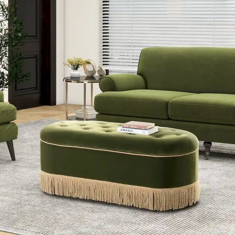 Banc de rangement ovale matelassé Melinda 48,5 avec franges Bullion
