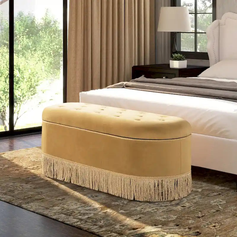 Banc de rangement ovale matelassé Melinda 48,5 avec franges Bullion