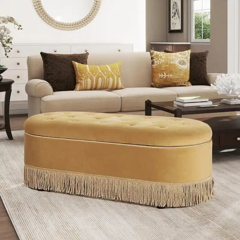 Banc de rangement ovale matelassé Melinda 48,5 avec franges Bullion