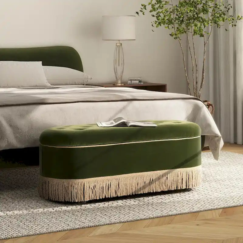 Banc de rangement ovale matelassé Melinda 48,5 avec franges Bullion
