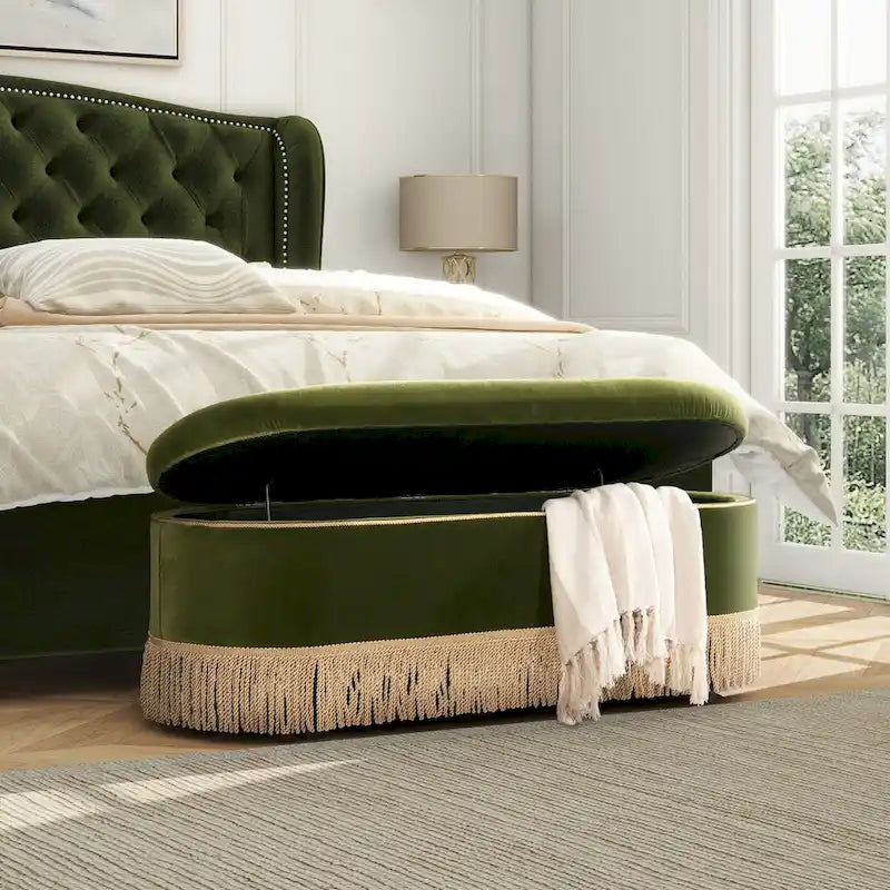 Banc de rangement ovale matelassé Melinda 48,5 avec franges Bullion