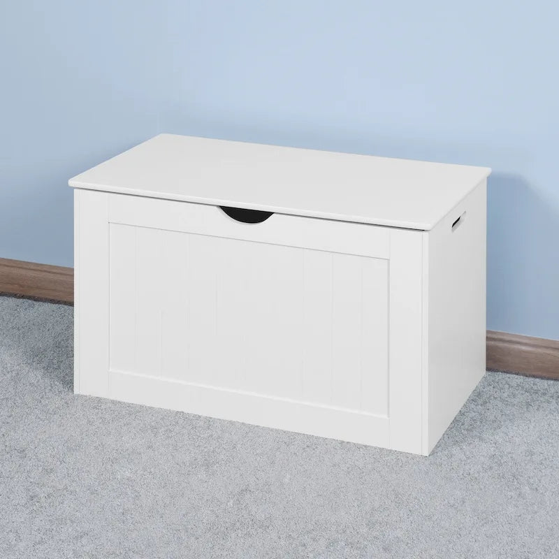 Banc de rangement blanc à plateau relevable avec charnières de sécurité et poignées latérales