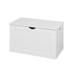 Banc de rangement blanc à plateau relevable avec charnières de sécurité et poignées latérales