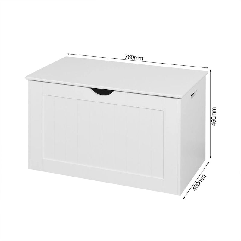 Banc de rangement blanc à plateau relevable avec charnières de sécurité et poignées latérales