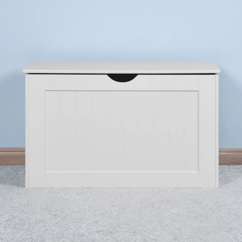 Banc de rangement blanc à plateau relevable avec charnières de sécurité et poignées latérales