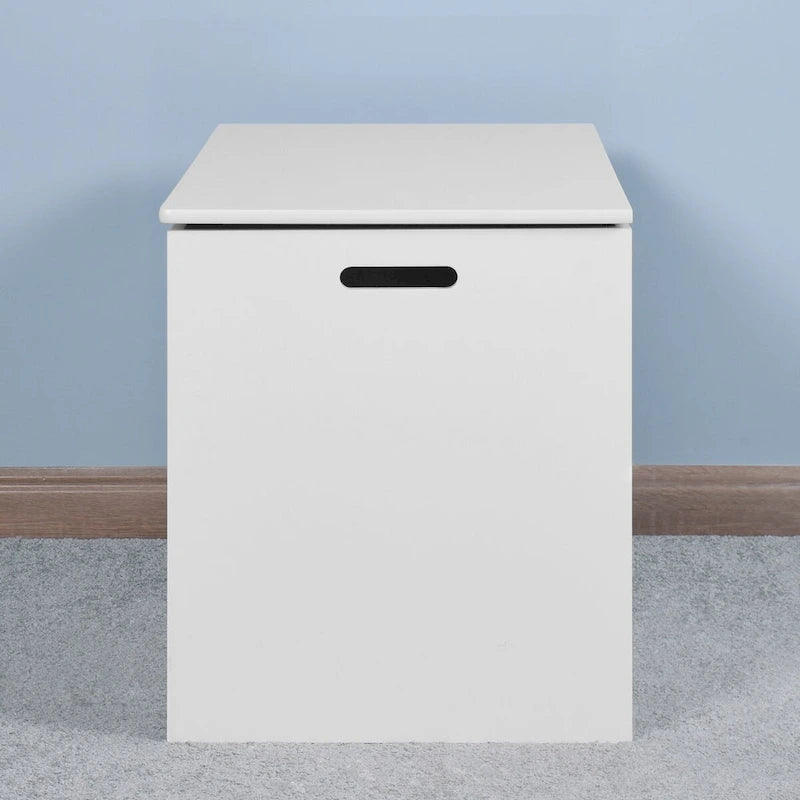 Banc de rangement blanc à plateau relevable avec charnières de sécurité et poignées latérales