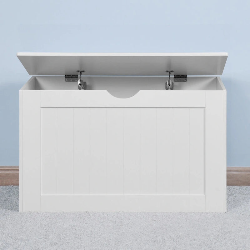 Banc de rangement blanc à plateau relevable avec charnières de sécurité et poignées latérales