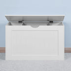 Banc de rangement blanc à plateau relevable avec charnières de sécurité et poignées latérales
