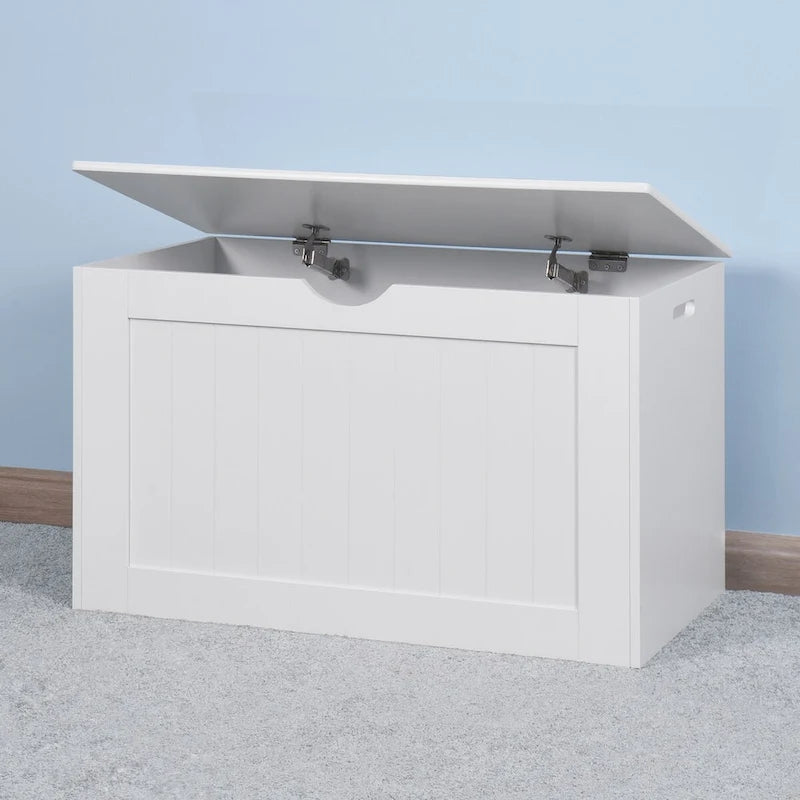 Banc de rangement blanc à plateau relevable avec charnières de sécurité et poignées latérales