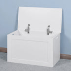 Banc de rangement blanc à plateau relevable avec charnières de sécurité et poignées latérales