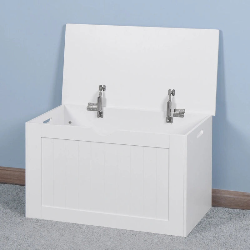 Banc de rangement blanc à plateau relevable avec charnières de sécurité et poignées latérales