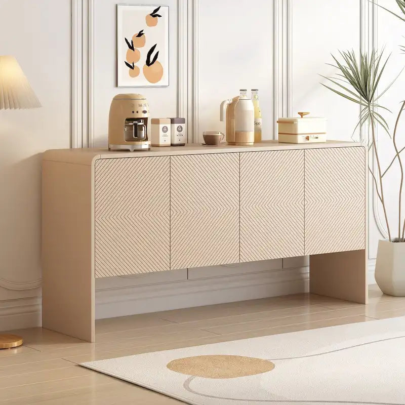 Buffet minimaliste en MDF crème/blanc de 152 cm avec 4 portes à ouverture par poussée et étagères réglables