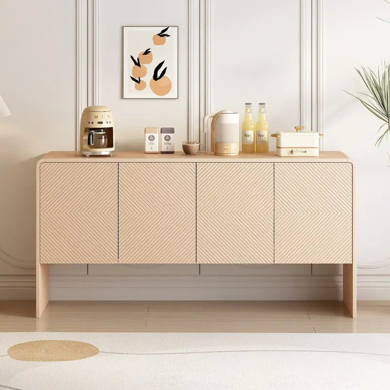 Buffet minimaliste en MDF crème/blanc de 152 cm avec 4 portes à ouverture par poussée et étagères réglables