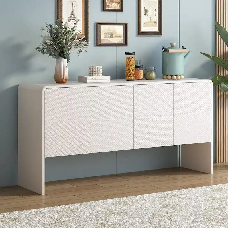 Buffet minimaliste en MDF crème/blanc de 152 cm avec 4 portes à ouverture par poussée et étagères réglables