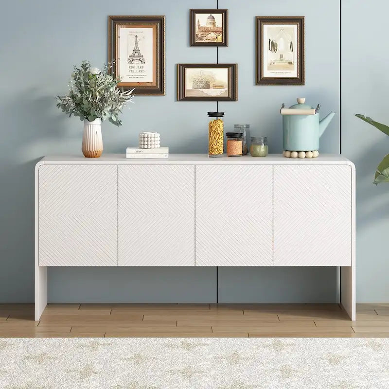 Buffet minimaliste en MDF crème/blanc de 152 cm avec 4 portes à ouverture par poussée et étagères réglables
