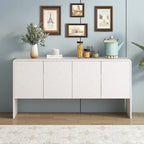 Buffet minimaliste en MDF crème/blanc de 152 cm avec 4 portes à ouverture par poussée et étagères réglables