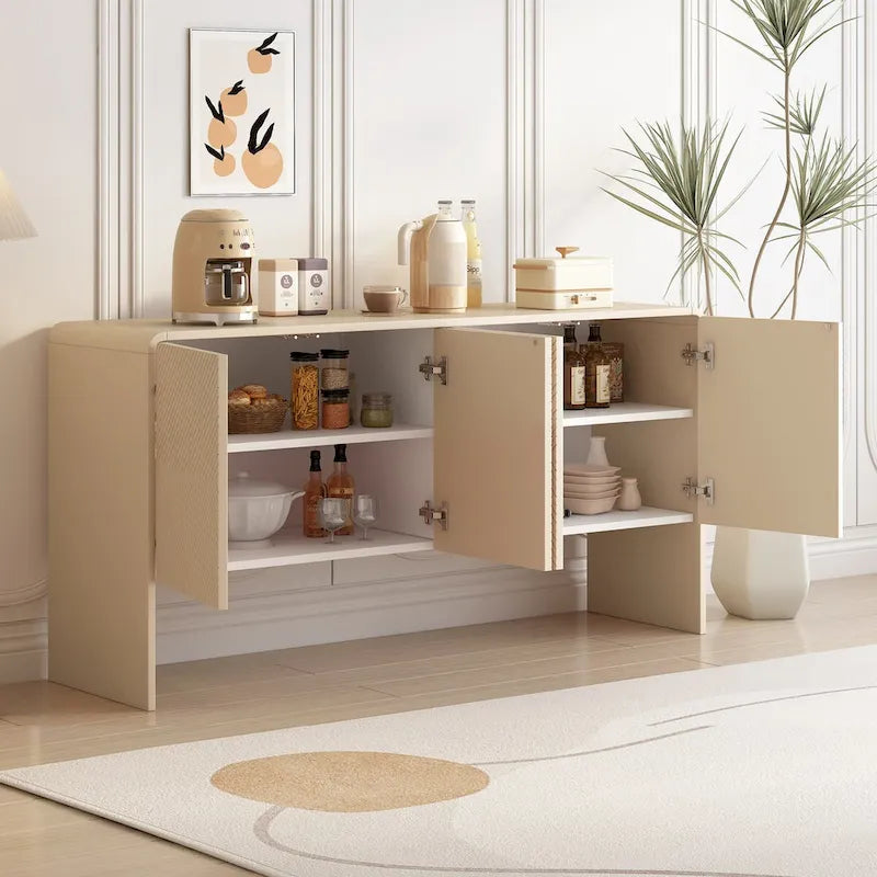 Buffet minimaliste en MDF crème/blanc de 152 cm avec 4 portes à ouverture par poussée et étagères réglables